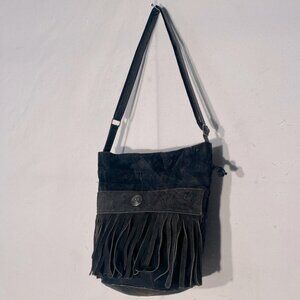 Vintage Leather Patchwork Black Brown Colour Block Bucket Bag Purse With Fringe